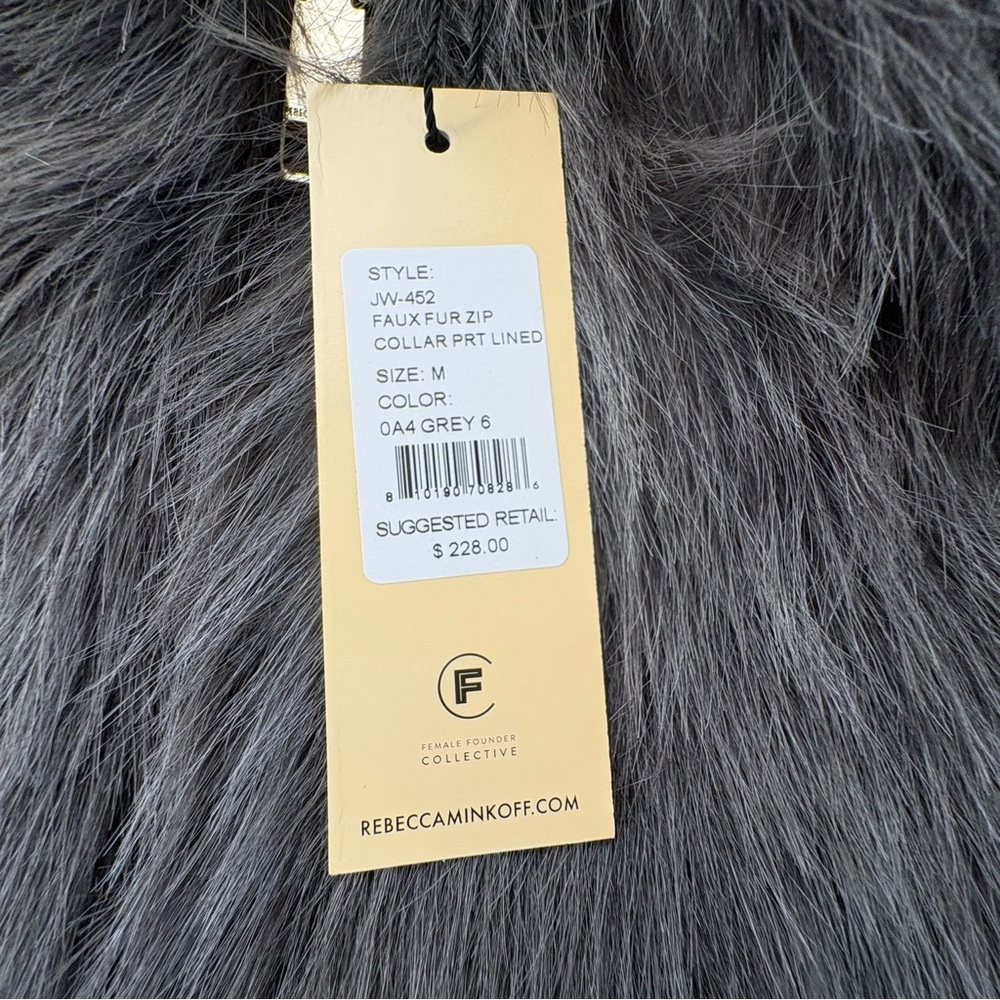 Rebecca Minkoff Gray Collar Faux Fur Jacket Gold Zip Cropped At Waist Silk Inner - Picture 5 of 15